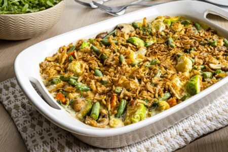 Creamy Dairy-Free Vegetable Casserole Recipe topped with crispy French fried onions! Plant-based, healthy, vegan, optionally gluten-free and allergy-friendly!